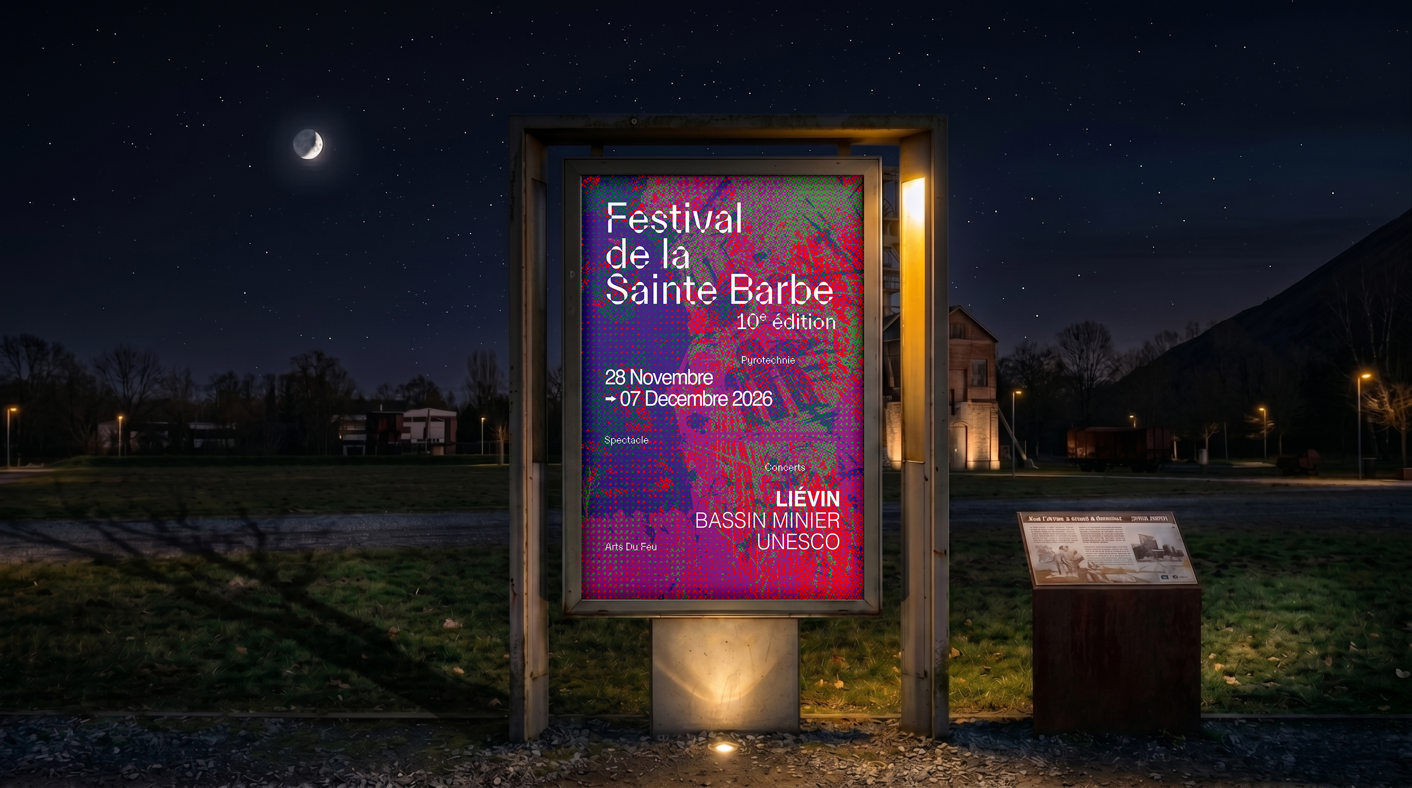 Affiche du Festival de la Sainte Barbe, 10e édition, dans un abribus de nuit
