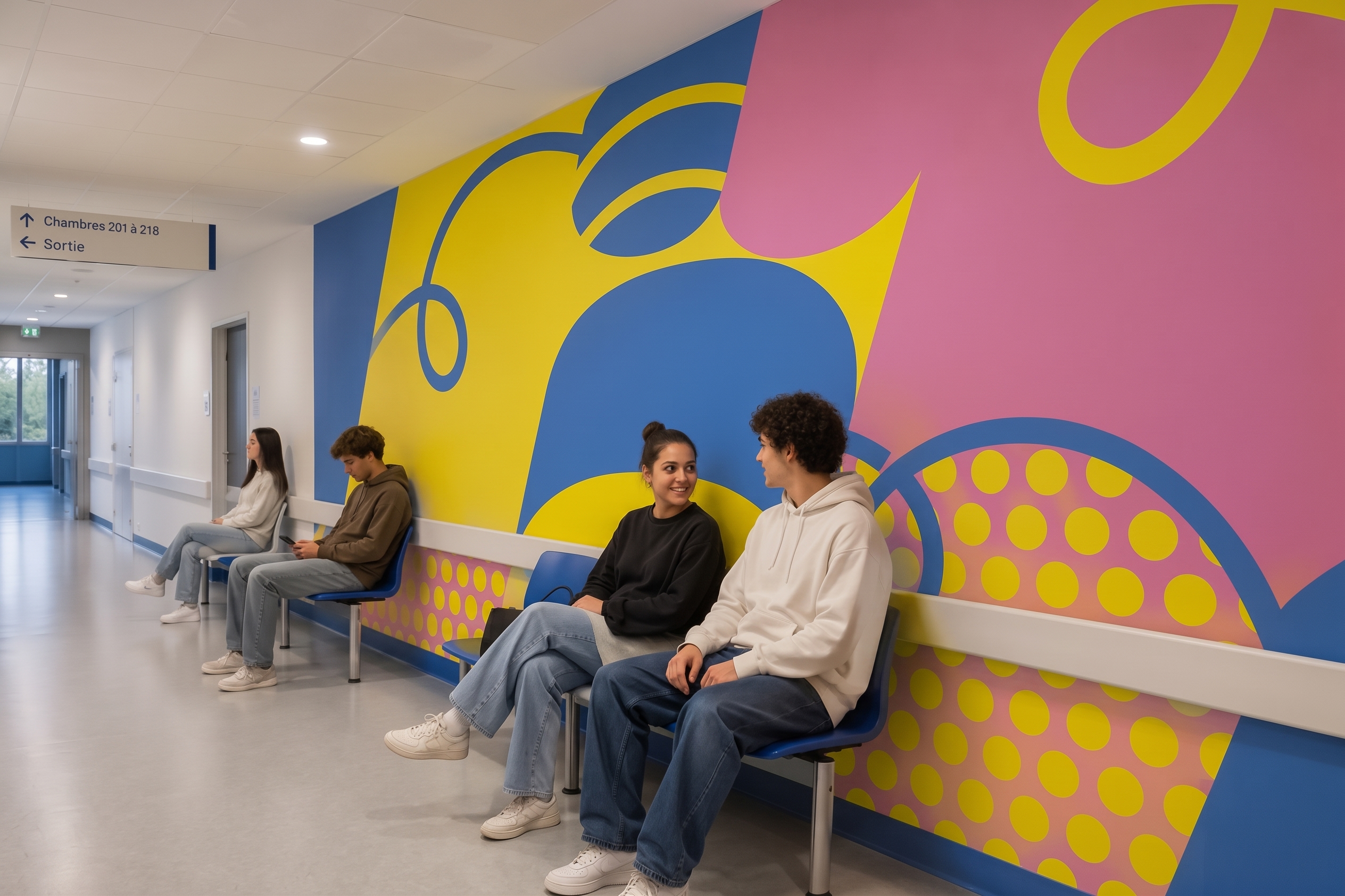 Jeunes assis dans un couloir du CHU de Lille devant la fresque murale du HUB AJA