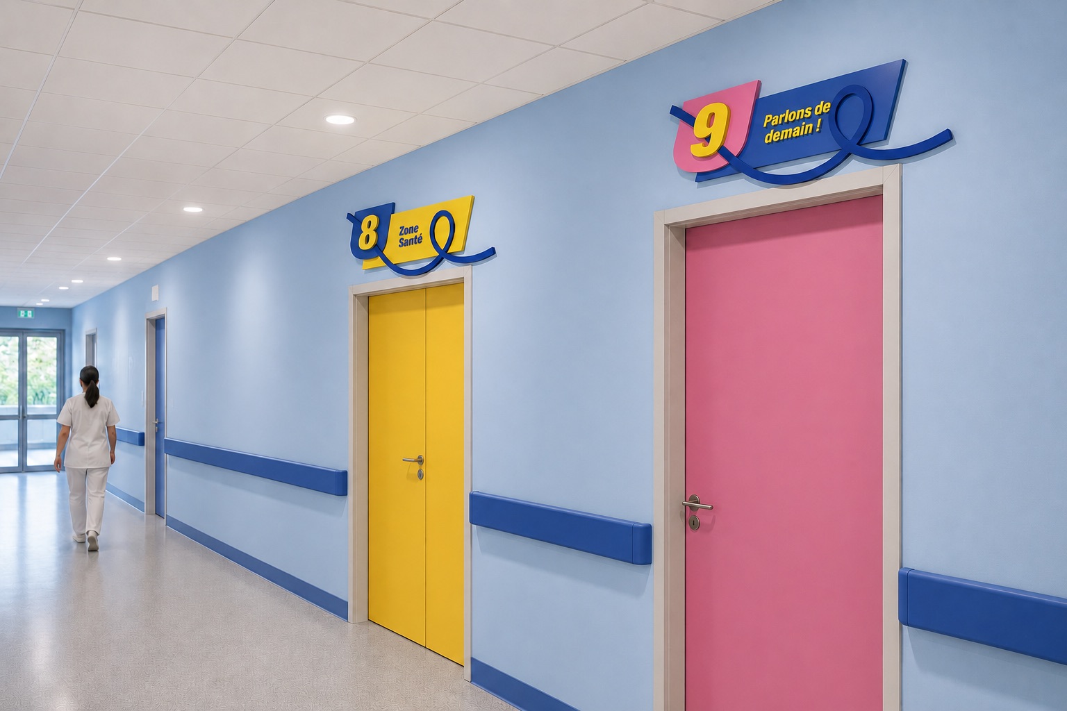 Couloir bleu avec deux portes, l'une jaune (Zone Santé) et l'autre rose (Parlons de demain)